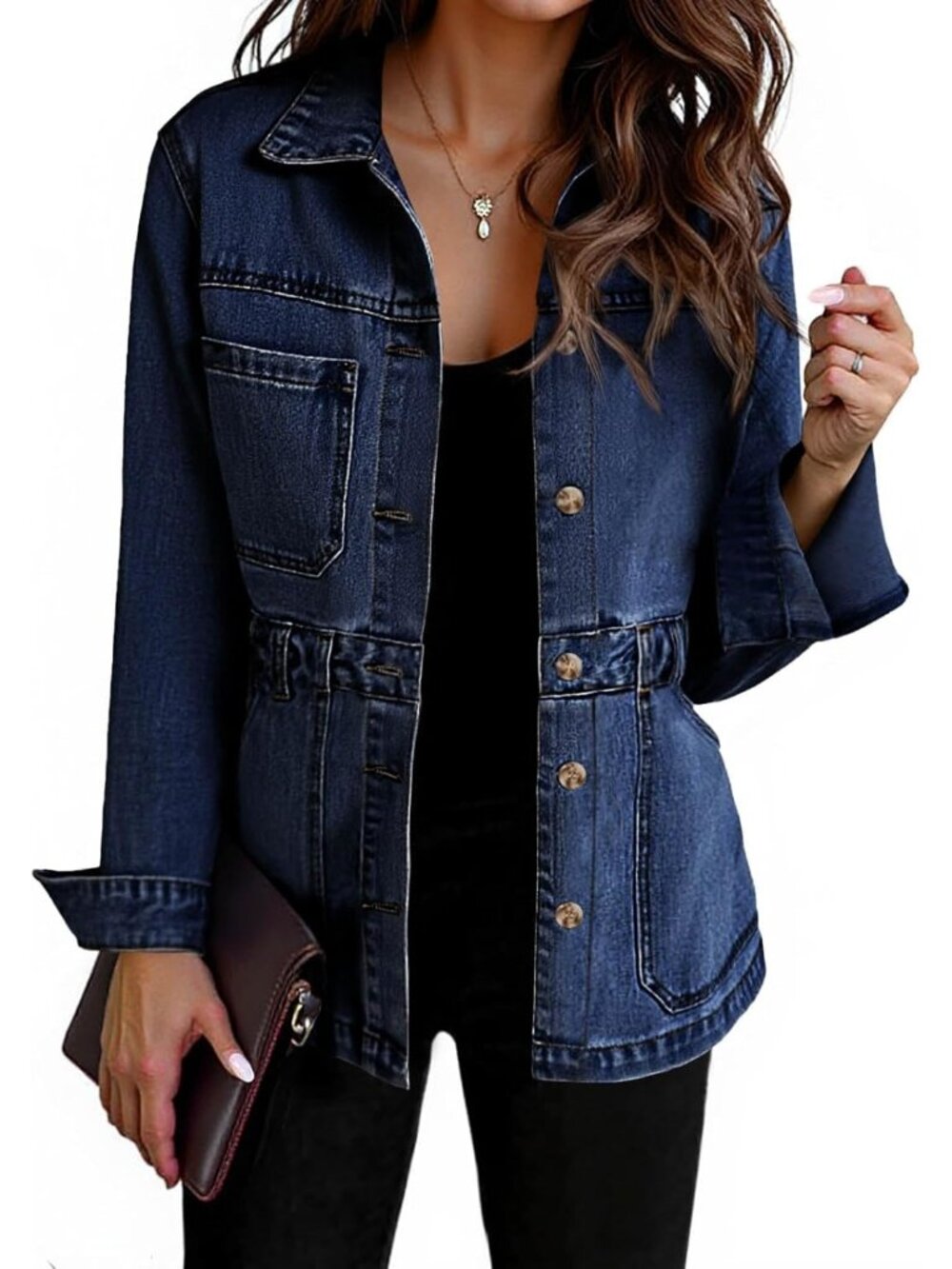 Women's Dark Blue Denim Distressed Jean Jacket Oversized Button Down Front